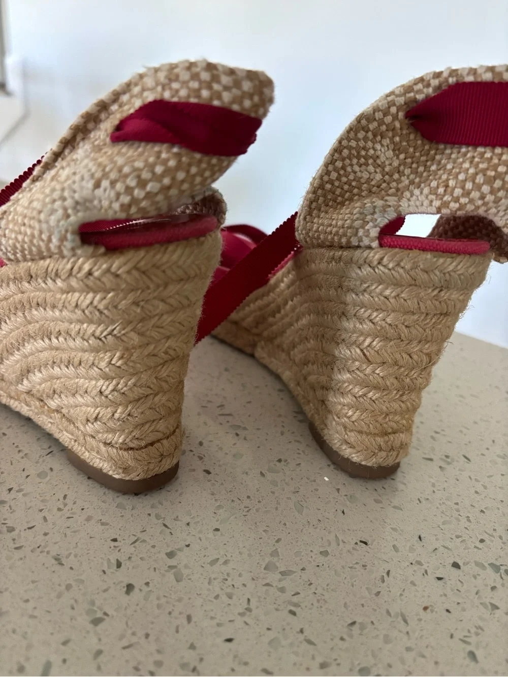Christian Louboutin Canvas Wedge Espadrilles Fuschia Pink Brigitte Ribbon Ankle